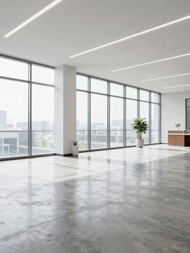A bright, clean corporate office lobby with polished concrete floors and large windows, natural light, professional commercial space, 35mm lens