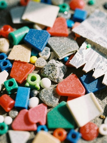 Tactile macro photography of raw material piles, colorful plastic shards, scrap resin chunks, and discarded shrink paper under harsh direct sunlight with sharp shadows, 35mm film texture.