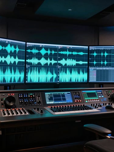 Wide angle of a futuristic dark-mode recording studio console with a full four-screen curved display showing glowing cyan audio waveforms, moody neon ambient lighting, 35mm