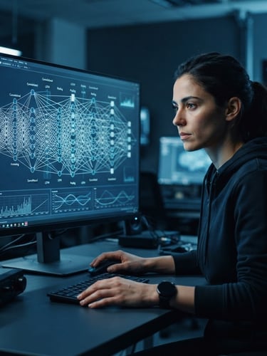 Medium close-up of a developer analyzing complex neural network architecture schemas on a high-resolution display, cool architectural blue lighting, sharp focus, 35mm lens