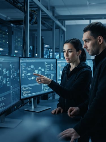 Close-up of enterprise developers analyzing complex data schemas on high-resolution screens in a cool-toned architectural server room, 35mm lens