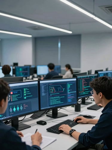 Cool editorial photography of developers analyzing complex data schemas on high-resolution screens in a modern lab, crisp architectural lighting, 35mm lens.