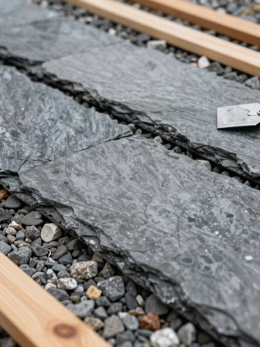 Sharp architectural close-up of interlocking slate paving stones being meticulously laid on a perfectly leveled gravel base, wet stone texture, professional masonry tools nearby, overcast light