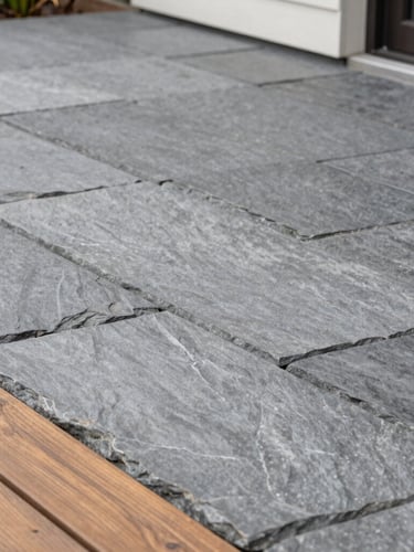 Sharp architectural photo of a modern paving stone patio with clean joints, soft overcast Vancouver daylight, slate gray tones, 35mm lens