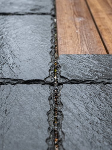 Sharp macro shot of perfectly aligned paving stone joints, wet-look dark slate stone after a light Vancouver rain, highlighting precise masonry craftsmanship, 35mm lens