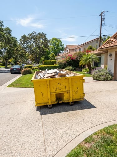 A bright yellow roll-off dumpster placed neatly on a clean residential driveway under direct California sunlight, wide environmental shot