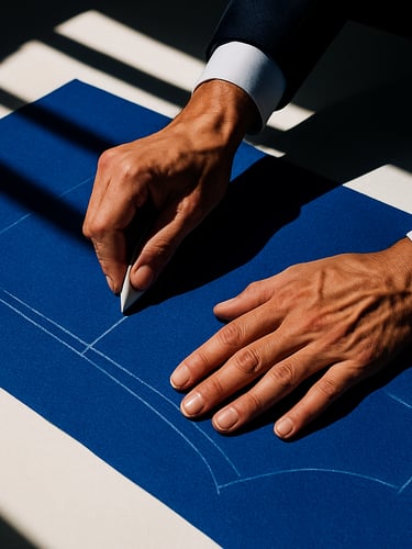 High-fashion editorial photography of a tailor's hands chalking a pattern on structured electric blue wool fabric, sharp tropical sunlight casting high-contrast shadows across the clean white work table, 35mm lens