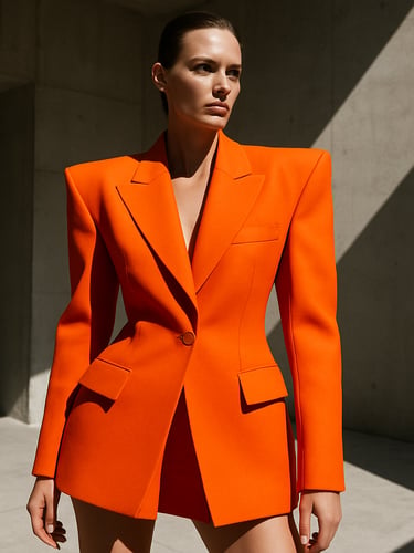 High-fashion editorial model wearing a structured, avant-garde orange blazer, standing in the minimalist concrete Miami atelier, sharp tropical sunlight casting dramatic long shadows, 35mm lens.