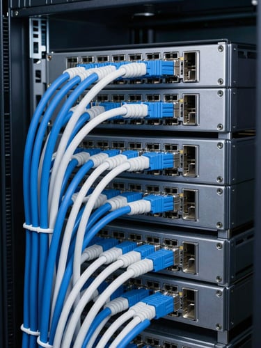 Crisp technical photography of a modern server rack with perfectly organized blue and white ethernet cables, cool-toned studio lighting, sharp focus, 50mm lens
