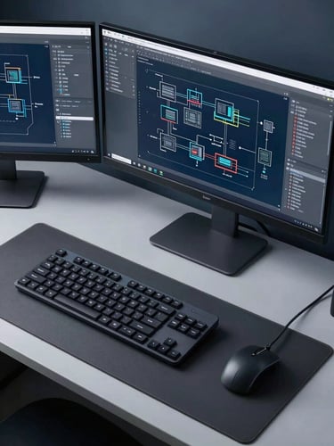 Overhead desk setup with technical schematics, dual monitors displaying systems architecture diagrams in cool slate gray and navy tones, sharp focus