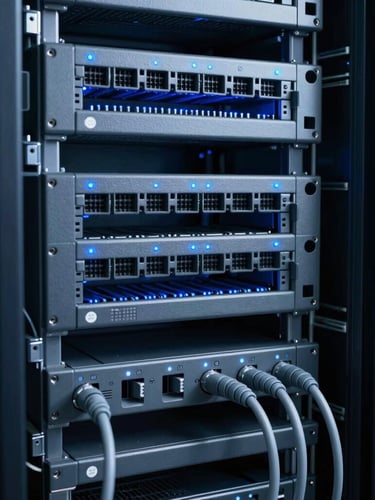A close-up of clean server rack cabling in a cool-toned data center, subtle blue LED lights reflecting on slate gray hardware, sharp focus, 50mm lens