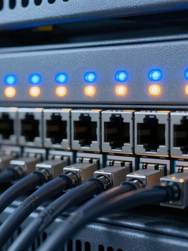 Macro shot of clean enterprise server rack cabling, blue and amber status LEDs glowing, sharp focus on RJ45 ports, cool technical lighting.