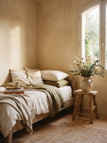Medium shot of a sun-drenched bedroom, a linen-draped daybed next to a hand-molded clay vase on a raw wooden stool, warm plaster wall, soft morning light, 35mm