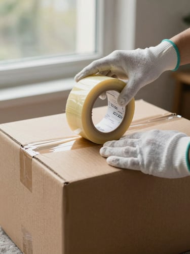 Close-up of gloved hands applying professional packing tape to a sealed cardboard box, natural daylight from a nearby window, moving blanket visible at the lower edge of the frame