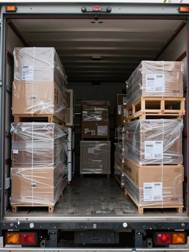 Wide interior view of a moving truck, professionally loaded with wrapped furniture and stacked labelled boxes in organized rows, natural daylight from loading bay doors, clean steel floor visible