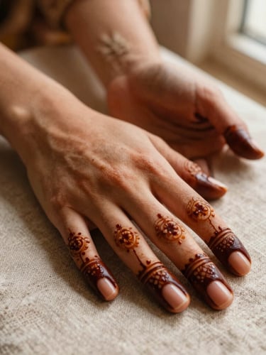 Macro shot of rich, dark mahogany mehendi stain on hands, fingers adorned with delicate patterns, resting on textured linen, warm natural lighting
