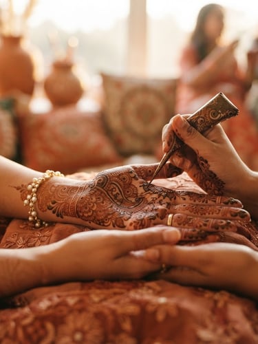 Macro editorial photograph of intricate bridal mehendi being applied to palms, warm golden-hour window light, rich terracotta tones, shallow depth of field, 35mm.