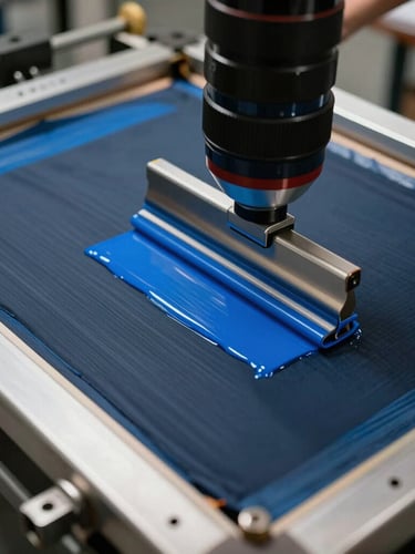 A close-up of a screen printing frame with electric blue ink being squeegeed onto a dark fabric surface inside a professional printing studio.