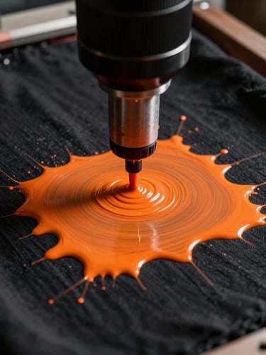 Extreme close-up of vibrant orange ink being pressed through a technical screen-printing mesh onto a heavy black cotton fabric, dramatic studio lighting, high contrast.