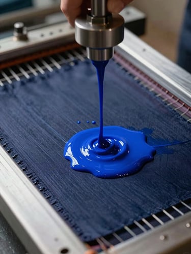 Macro close-up of a screen-printing frame in action, vibrant electric cobalt blue ink passing through the mesh onto dark cotton fabric, dramatic studio lighting.