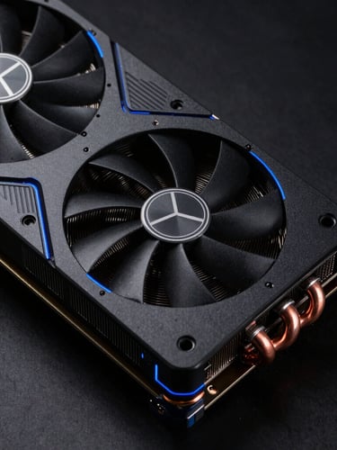 Macro photography of a high-end graphics card copper heat pipes, dramatic low-key studio lighting, electric blue edge highlights, matte black texture