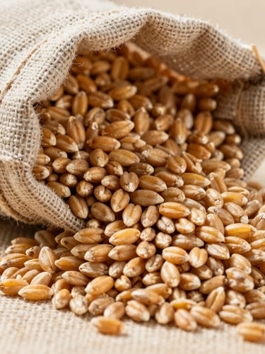 Macro shot of raw golden wheat grains overflowing from a clean, textured hessian sack, harsh natural sunlight highlighting the texture