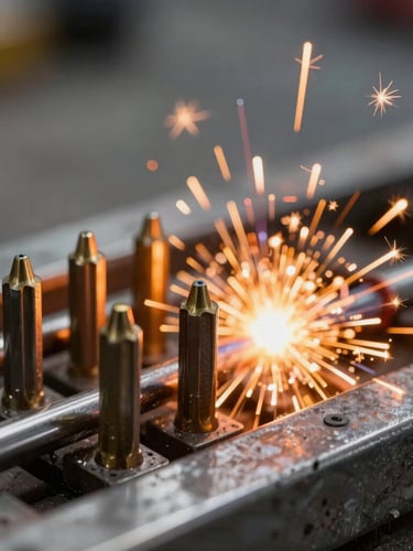 Macro close-up of high-grade welding electrodes in a heavy steel rack, vibrant orange sparks flying from a clean weld in the background, high contrast.