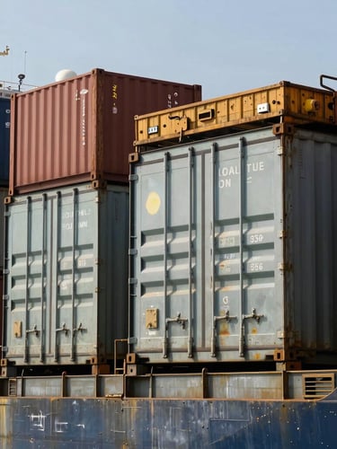 Close-up of industrial shipping containers being loaded onto a cargo vessel at an Indian port, harsh natural sunlight, steel textures