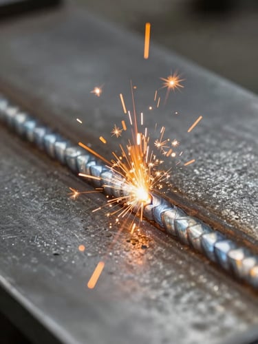 Macro shot of a clean industrial weld seam on heavy steel plate, bright orange sparks frozen in motion