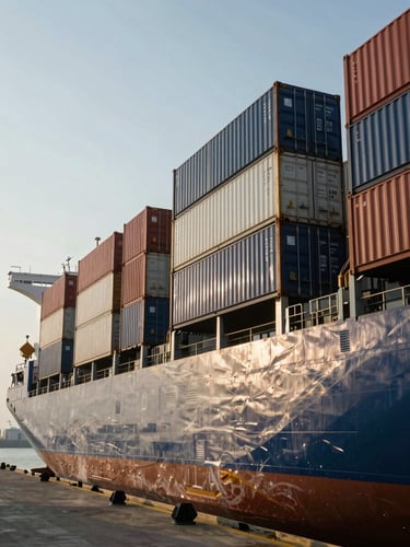 Wide-angle shot of shipping containers being loaded onto a cargo vessel at Kandla Port, harsh natural sunlight, high contrast