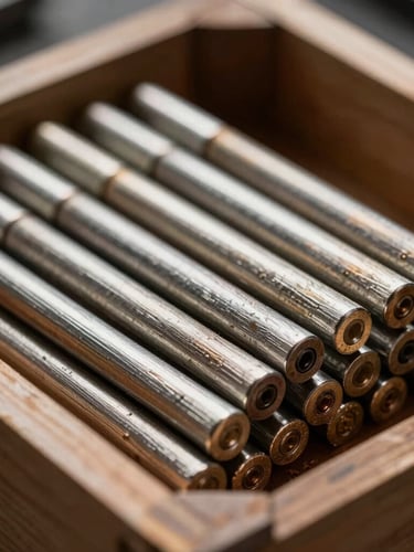 Close-up macro shot of flux-coated welding electrodes stacked neatly in a heavy wooden crate, industrial dramatic side lighting, high contrast.