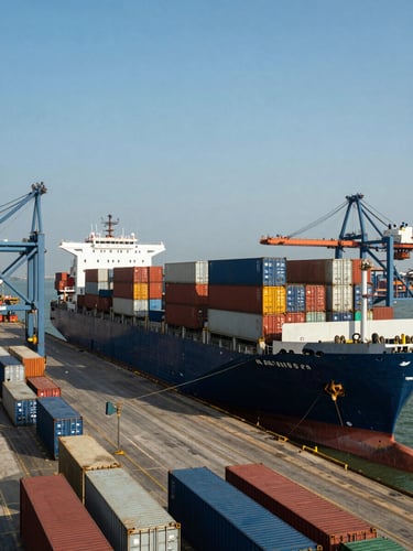 Wide-angle industrial landscape of shipping containers being loaded onto a cargo vessel at Mumbai port, harsh natural sunlight, high-contrast shadows.