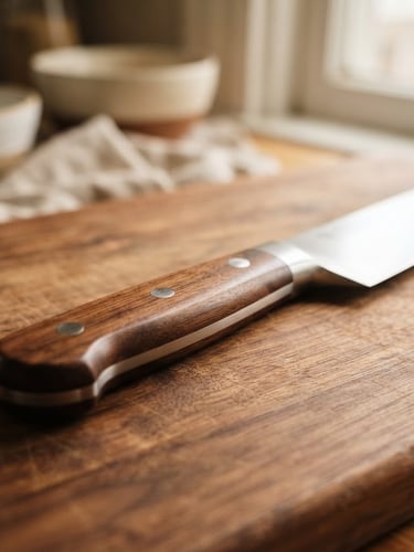 Close-up detail shot of the stainless steel knife handle resting on a warm wooden cutting board, soft natural morning light, clean editorial style