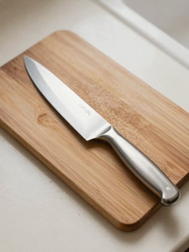 Overhead flat-lay of a stainless steel kitchen knife and a wooden cutting board on a warm cream countertop, soft natural side lighting.
