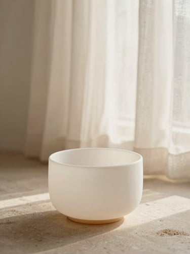 Soft morning daylight filtering through a linen curtain onto a minimalist ceramic wellness vessel on a textured stone surface, warm sand tones.