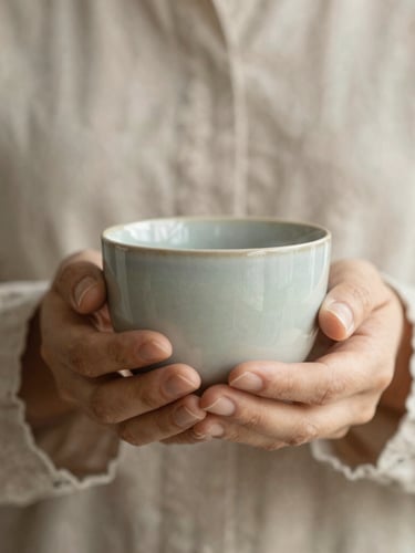 Close-up of gentle hands holding a warm ceramic cup, soft daylight, textured linen sleeve, serene and calm atmosphere.