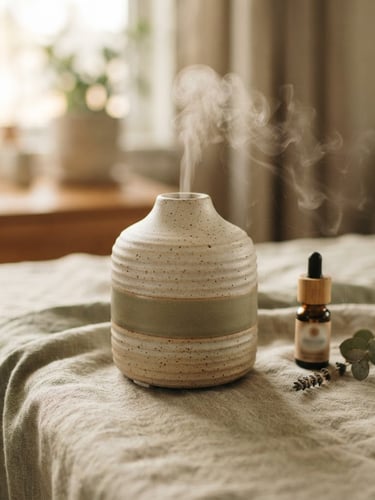 A ceramic diffuser on a linen tablecloth in soft, diffused morning daylight, muted sage and beige tones, tactile textures, shallow depth of field