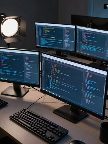 Wide-angle overhead shot of a developer's workstation at night, multiple monitors displaying dense IDE code in steel-blue syntax highlighting, mechanical keyboard in foreground, cool studio strobe light from the left, sharp focus on screen content