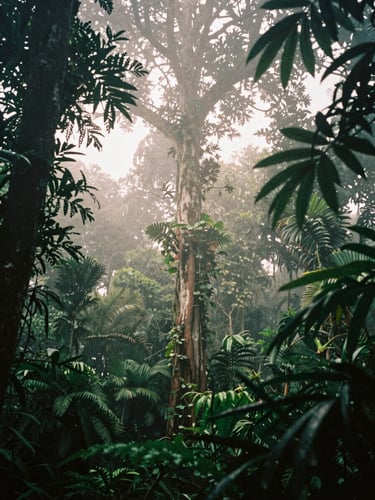 Misty morning primary rainforest canopy in Osa Peninsula, towering ancient trees shrouded in fog, raw organic editorial photography, 35mm film