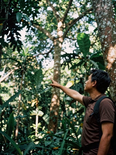 A local native guide pointing towards the high canopy of giant ceiba trees, dappled jungle sunlight filtering through leaves, raw editorial photography