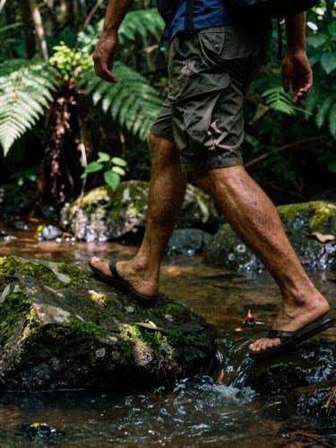 Close-up of a native guide crossing a shallow jungle river, wet mossy stones, dense green ferns, dappled sunlight, raw editorial style