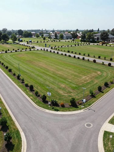 Ground-level wide-angle view of a developed residential plotting layout, featuring clean asphalt roads, manicured green verges, and clear boundary markers under bright daylight.