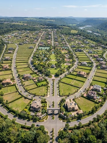 Aerial drone view of a premium plotted township, wide paved internal roads, green landscaped parks, bright mid-morning daylight, clear physical boundaries.