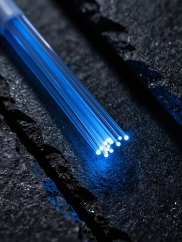 Extreme macro shot of glowing blue fiber optic cables pulsing through deep slate metallic channels, high contrast, dark editorial photography