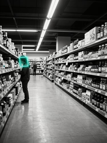 Wide-angle view of a supermarket sales floor at night, overhead fluorescent lighting casting sharp shadows on the aisle, a faint teal alert bounding-box overlay visible on a figure near a shelf in the left foreground, high-contrast monochrome with single teal accent highlight