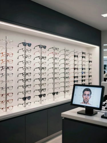 Wide environmental shot of an optician storefront interior under cool diffused light, a display of prescription frames along a clean wall, a screen at the counter showing a facial measurement interface with geometric overlay points, no people smiling, clinical and precise atmosphere, dark minimal decor