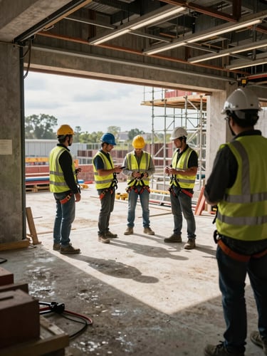 Wide shot of an active construction site interior, workers in high-visibility vests and hard hats visible mid-frame, overhead industrial lighting casting sharp shadows on concrete floor, safety equipment and scaffolding in background, overcast daylight from open bay doors on the left edge, tight framing on the moment a worker checks a harness clip