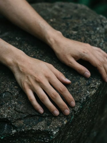 Close-up of hands resting on textured dark stone, moody natural lighting, soft shadows, organic textures, 35mm lens