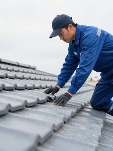 A professional technician wearing safety gear carefully inspecting roof tiles, bright overcast daylight, clean blue and gray tones
