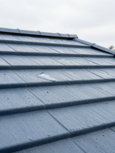 Close-up of clean slate roof tiles with water-beading hydrofuge effect, bright overcast daylight, sharp focus, technical precision